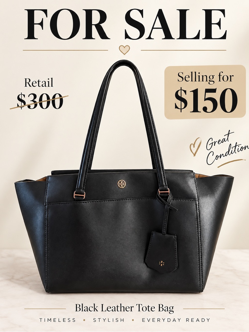 Tory Burch Black Leather Tote with Gold Logo Accent